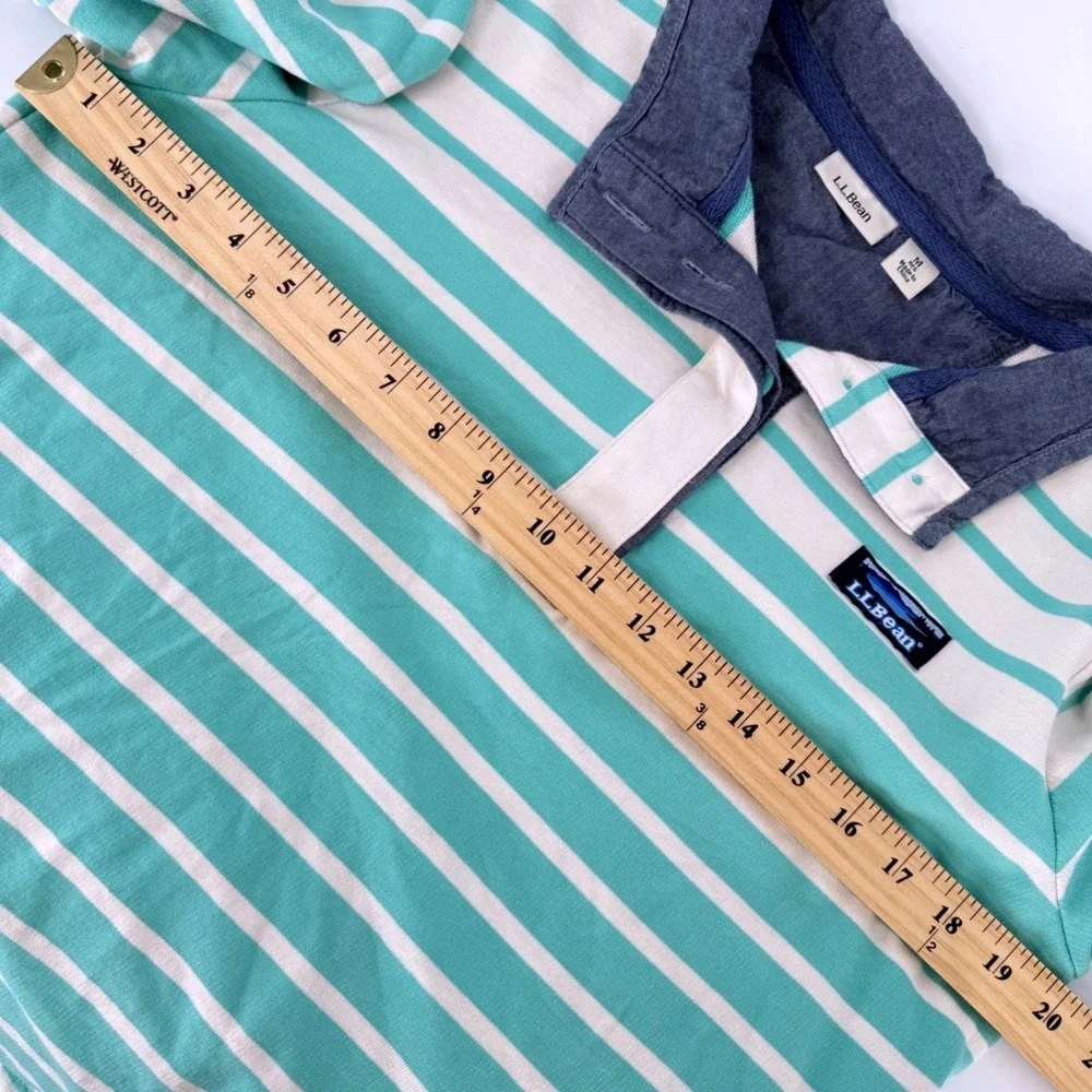 LL Bean Womens Rugby Shirt Size Medium Long Sleeve‎ Striped White Seafoam Green